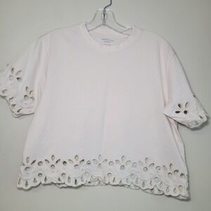 American Eagle Eyelet Short Sleeve T-shirt Cream Woman's XS Oversized